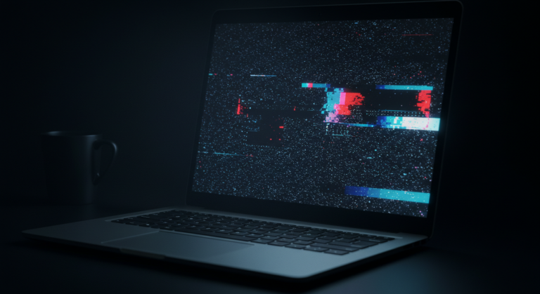 Laptop con pantalla dañada representando un producto defectuoso. Aprende cómo reclamar en Ecuador y hacer valer tus derechos como consumidor.